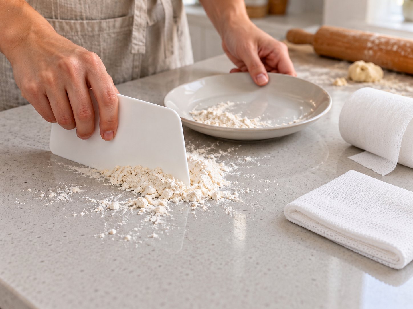 آرد روی کابینت ریخته؟ ترفند جمع‌کردن خشک، پیش از دستمال مرطوب